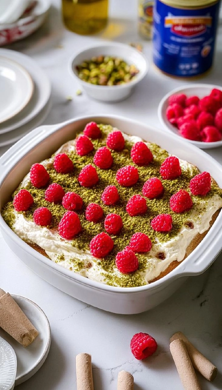 Tiramisu aux framboises et aux pistaches