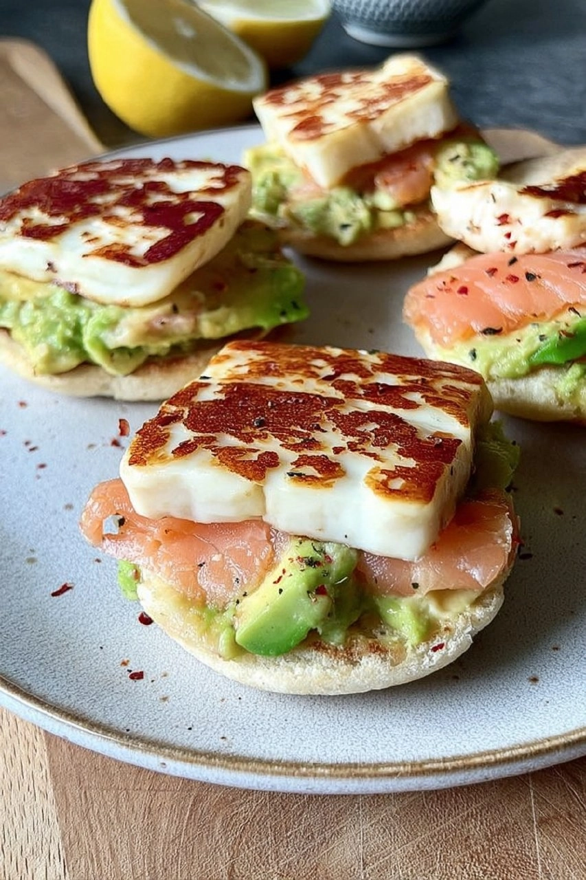 Crumpet avocat saumon halloumi